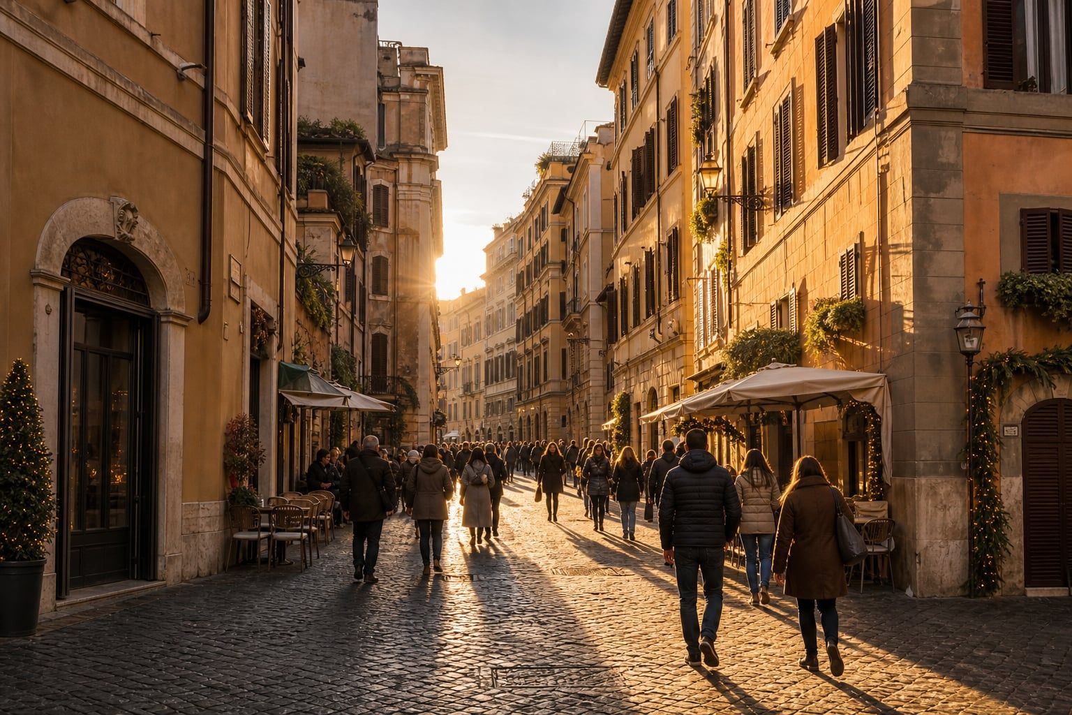 A Roman street in late afternoon December light, with people in coats