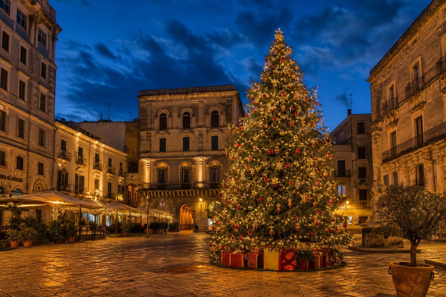 An Italian piazza at dusk with a large illuminated Christmas tree