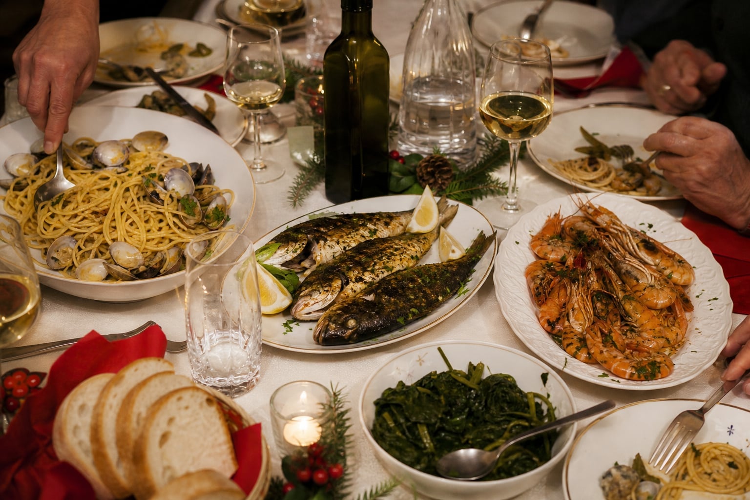 An Italian Christmas Eve dinner table with multiple seafood courses