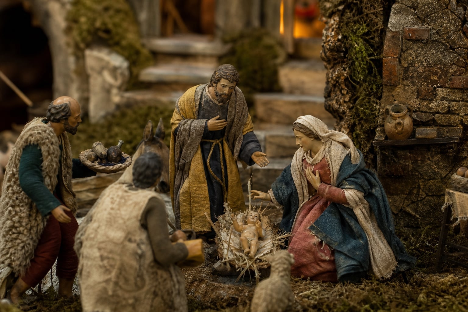 A handmade Neapolitan presepe with figurines arranged in a traditional scene