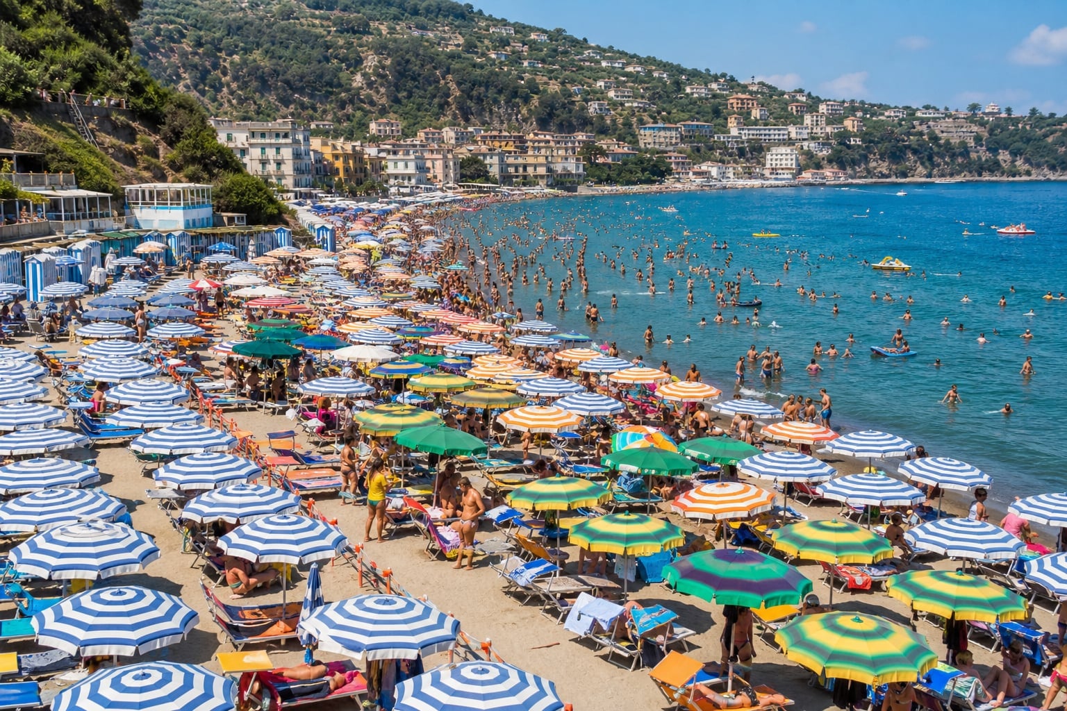A crowded Italian beach on Ferragosto weekend with families
