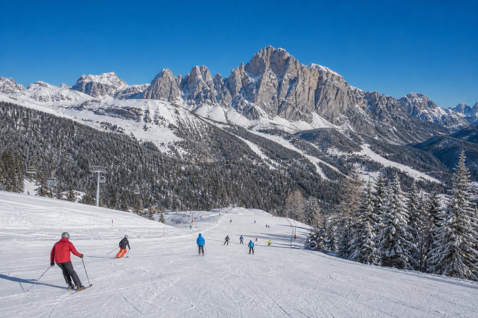 A Dolomites ski slope in mid-December, fresh snow under sun