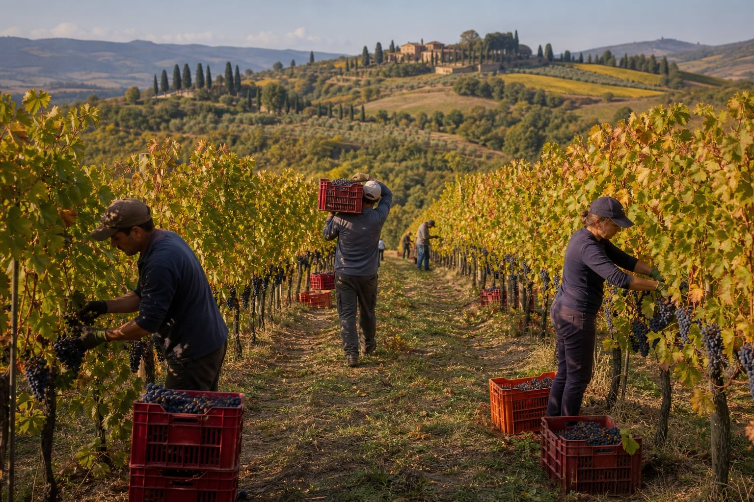 Tuscan vineyard during vendemmia, the October wine harvest
